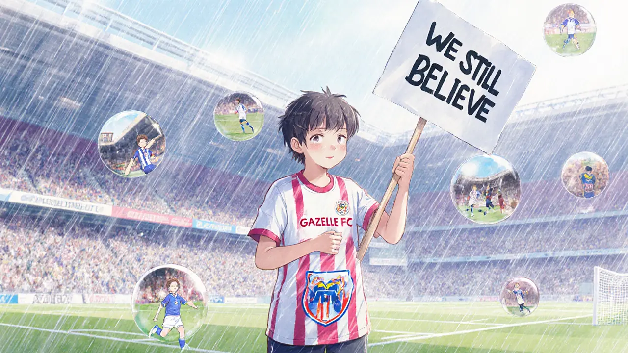 A child holds a &#039;We Still Believe&#039; banner outside a closed stadium as memories of matches fade in the rain.