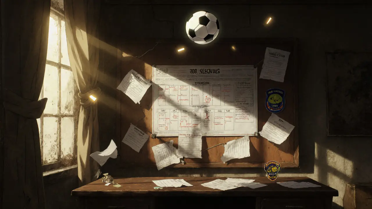 A torn league schedule in a dusty office with glowing referee badges and a floating football.