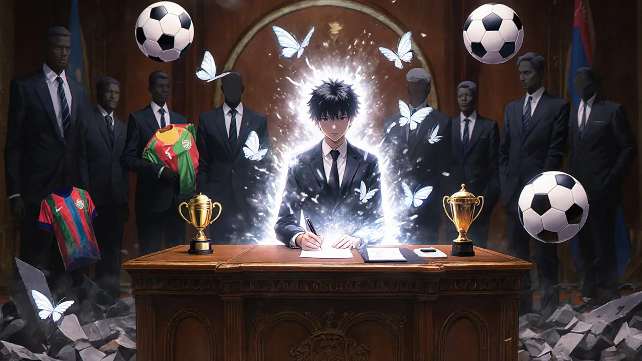 A federation president signs a magical contract as shadowy figures dissolve behind him.