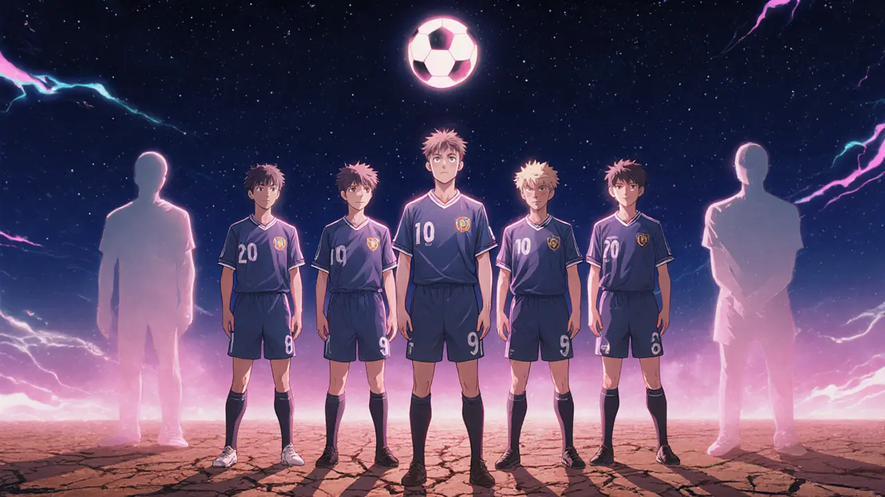 Les Sao&#039;s team stands on a dirt field as ghostly past players watch over a glowing football.