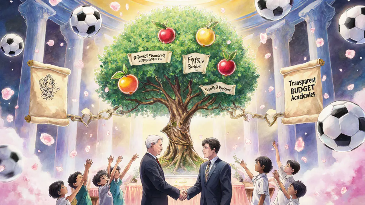 President TAHIR shakes hands with FIFA president as a tree of reform grows from broken chains.