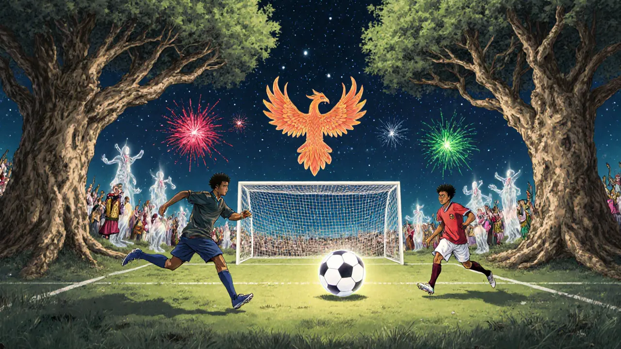 Two players chase a phoenix-shaped ball across a mystical field under starlight netting.
