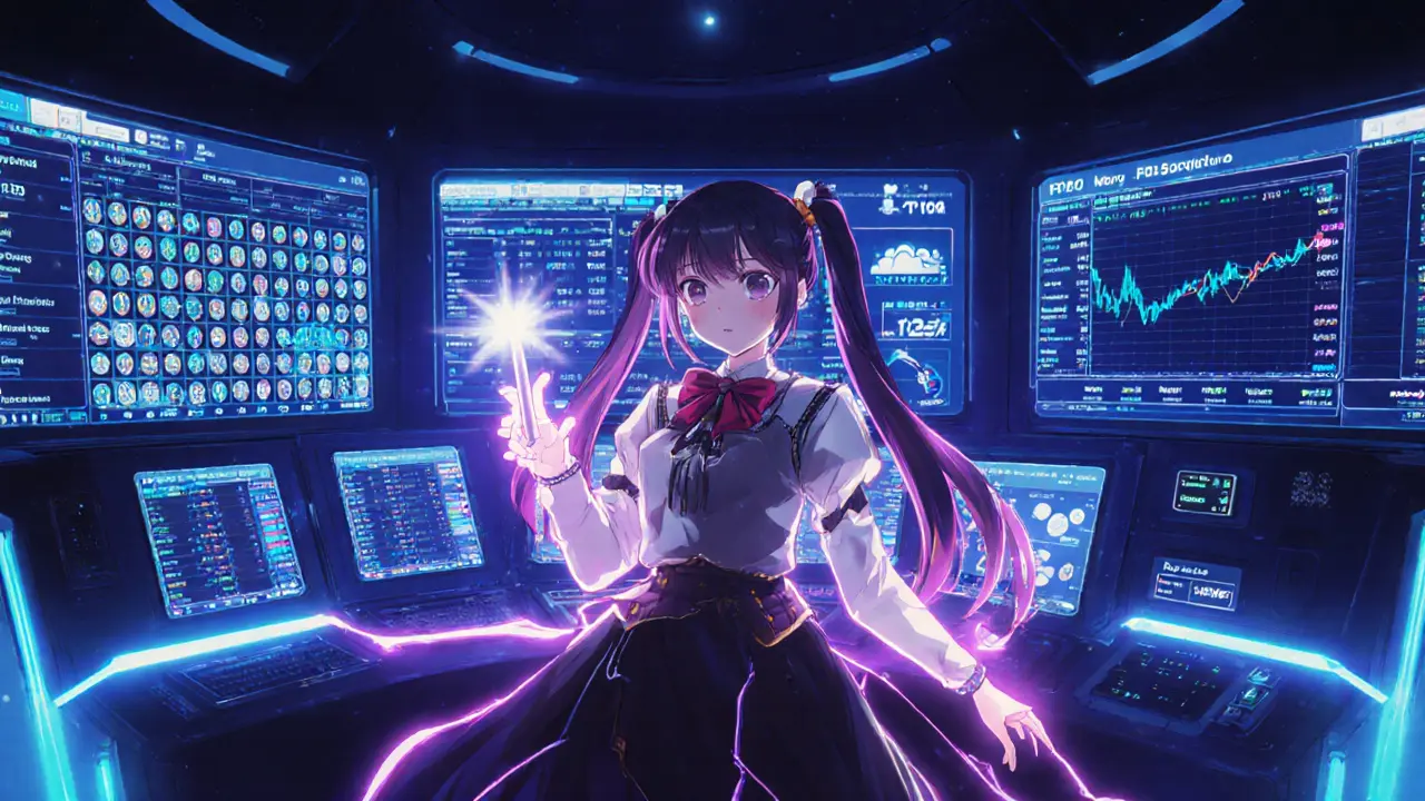 Futuristic control room with holographic panels for XT.com spot, futures, margin, and earn features.