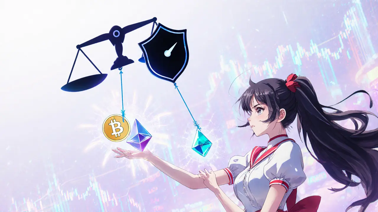 Magical ribbons link ETH, BTC, and stETH to a short futures symbol, balancing a scale.
