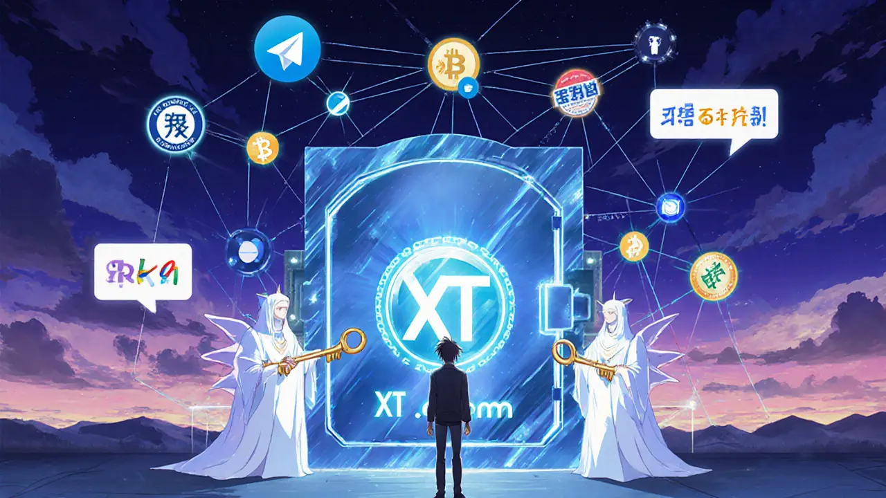 Trader beside a crystal vault guarded by security spirits, with chat bubbles and compliance symbols.