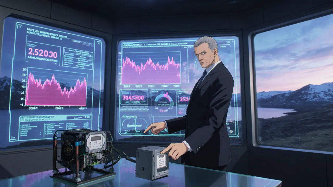 Control room with holographic dashboards monitoring mining power usage and a government official.