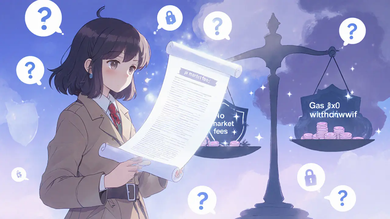 Detective-style heroine examining a misty audit scroll beside a scale of fees and security.