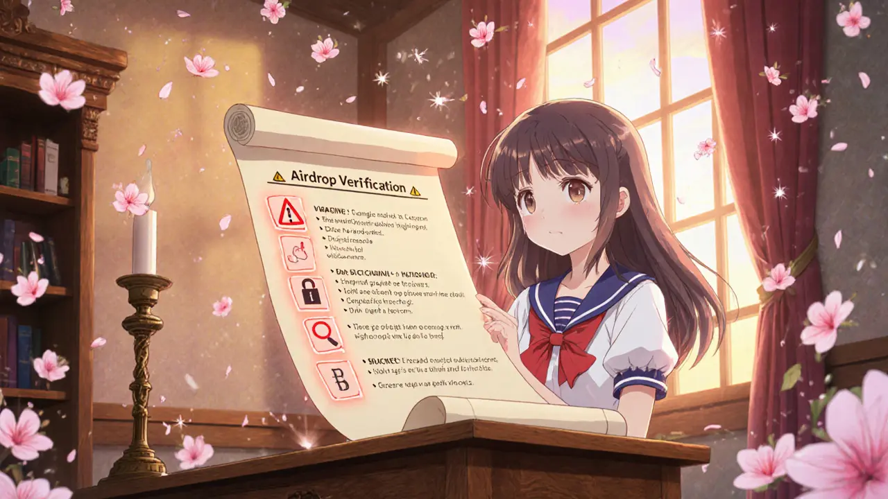 Girl unrolling a magical checklist scroll highlighting airdrop red flags.