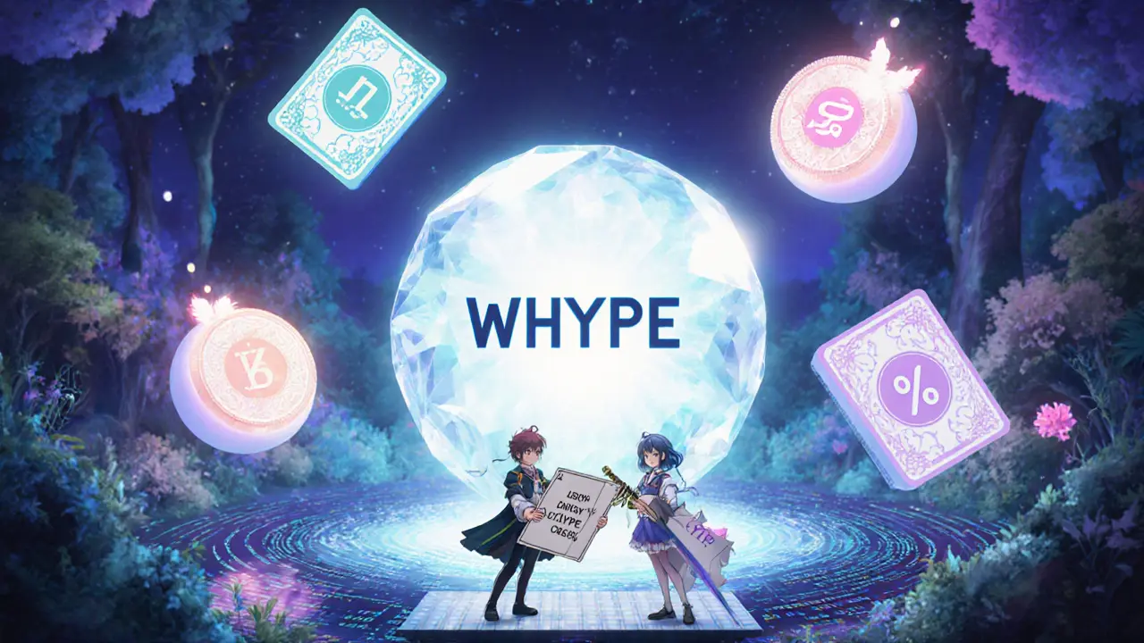 Magical garden with a glowing WHYPE crystal and token cards representing liquidity pools.