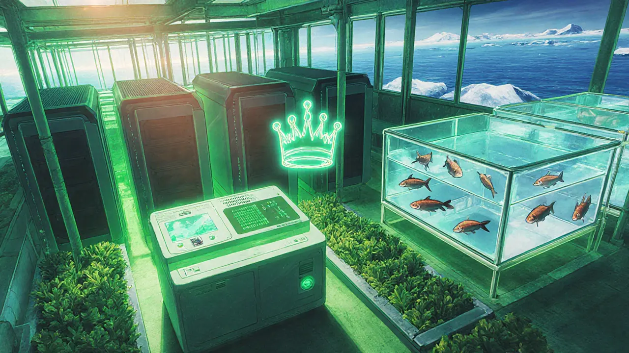 Modern mining facility using green ASICs, heating greenhouses and fish farms, with a digital crown hologram.