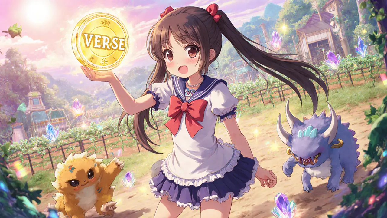 Heroine holds a glowing VERSE token orb surrounded by monster companions in a bright arena.