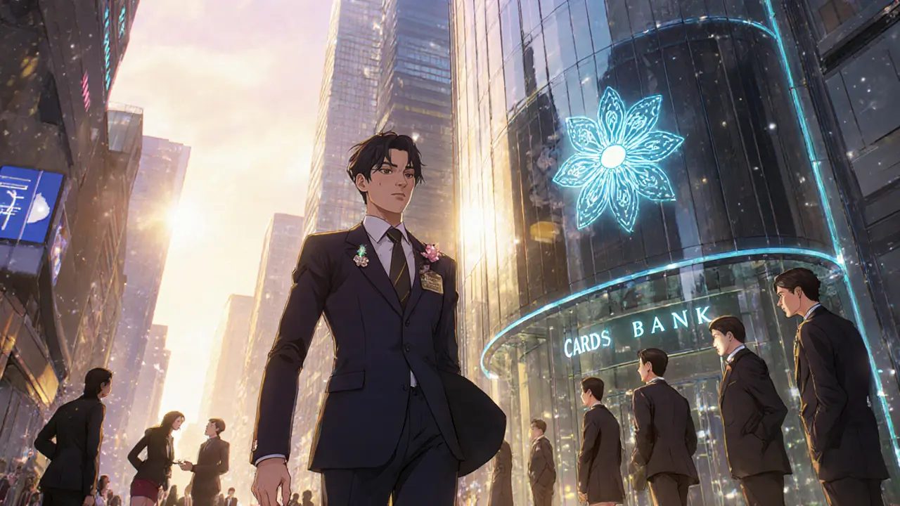 Futuristic financial district with holographic crypto icons and a confident trader walking toward a glass bank.