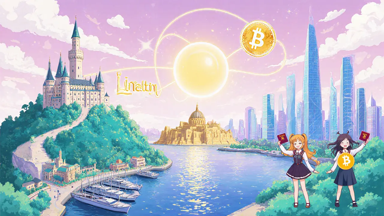 Three locations – Liechtenstein castle, Malta harbor, and Berlin skyline – linked by a glowing blockchain ribbon.