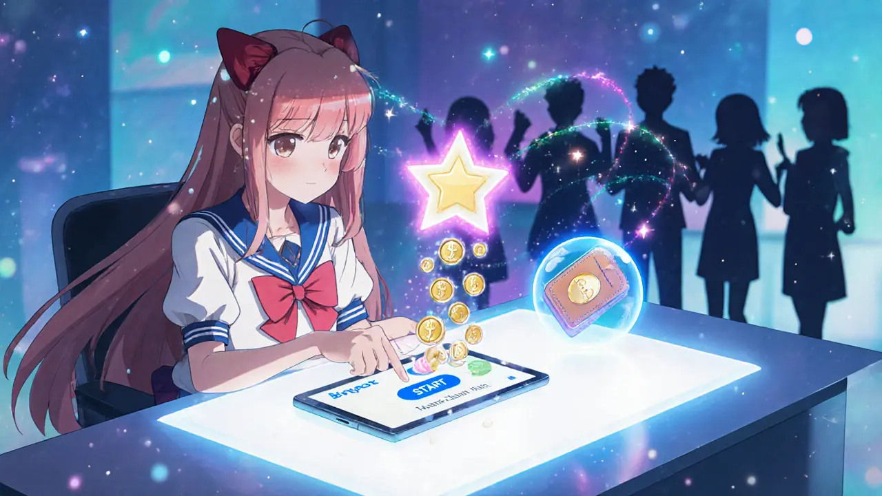Girl taps a tablet showing Bitget Learn2Earn, tokens flow into a floating wallet orb.