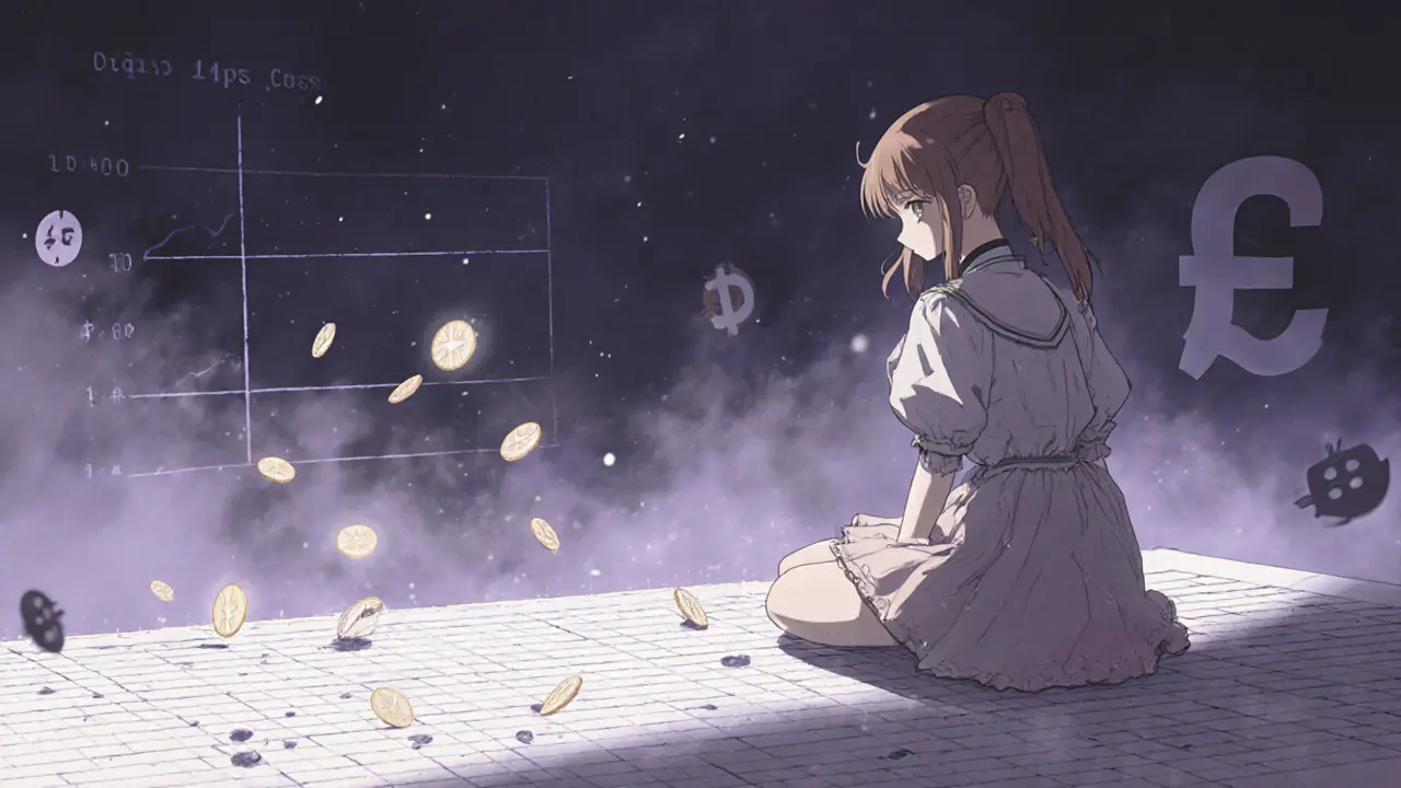 Heroine surrounded by faint BTTOLD coins with a misty, shaky market chart.