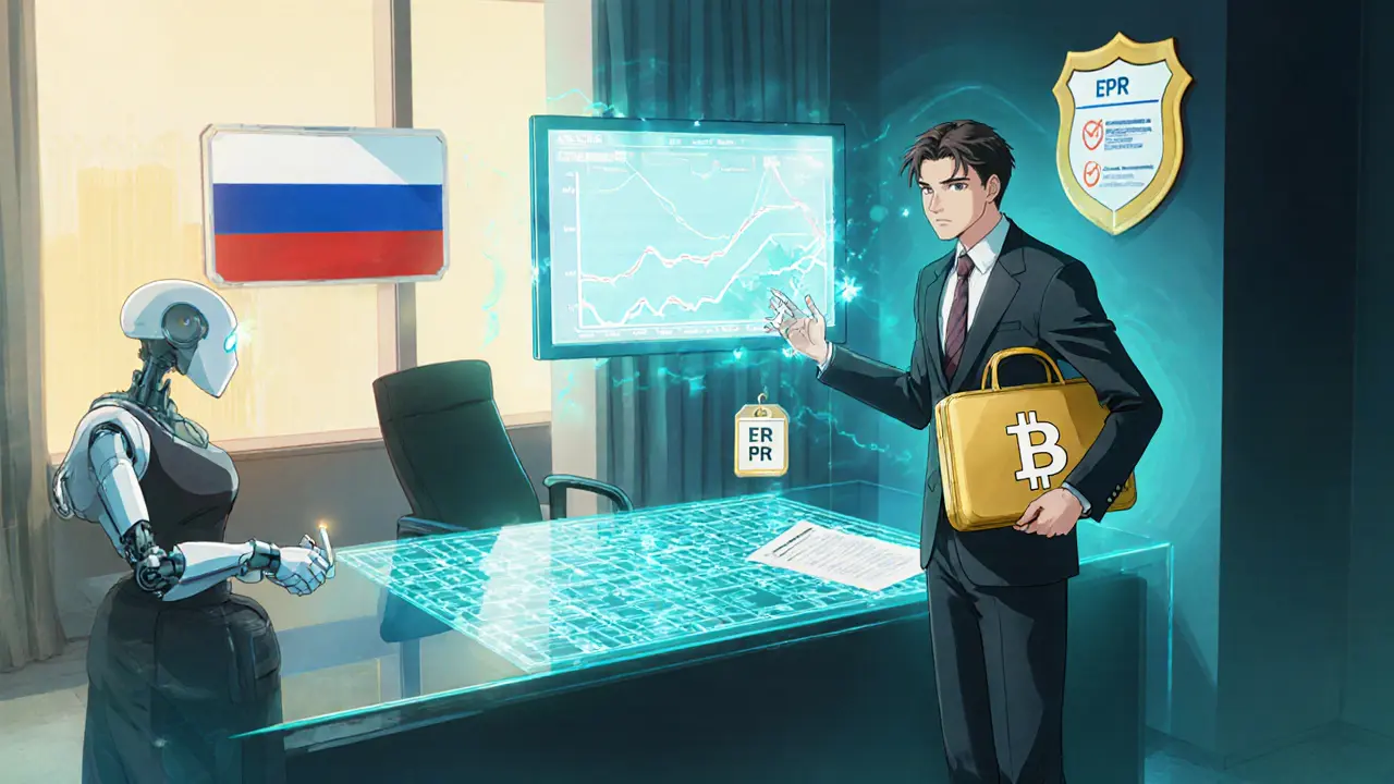 Investor signs up for Russia&#039;s experimental crypto regime in a high‑tech office.