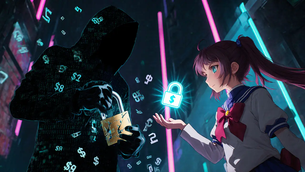 Heroine faces shadowy hacker with broken padlock and floating  million numbers.