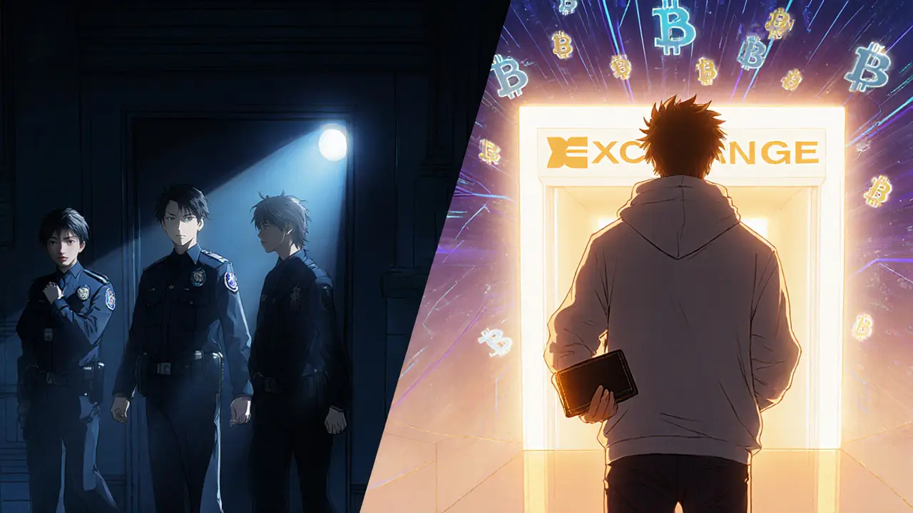 Split scene of police raid on left and resilient trader with hardware wallet and DEX portal on right.