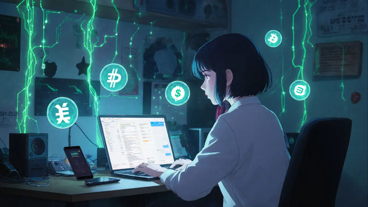 Tech‑savvy trader in a dim room surrounded by neon VPN tunnels and floating stablecoin icons.