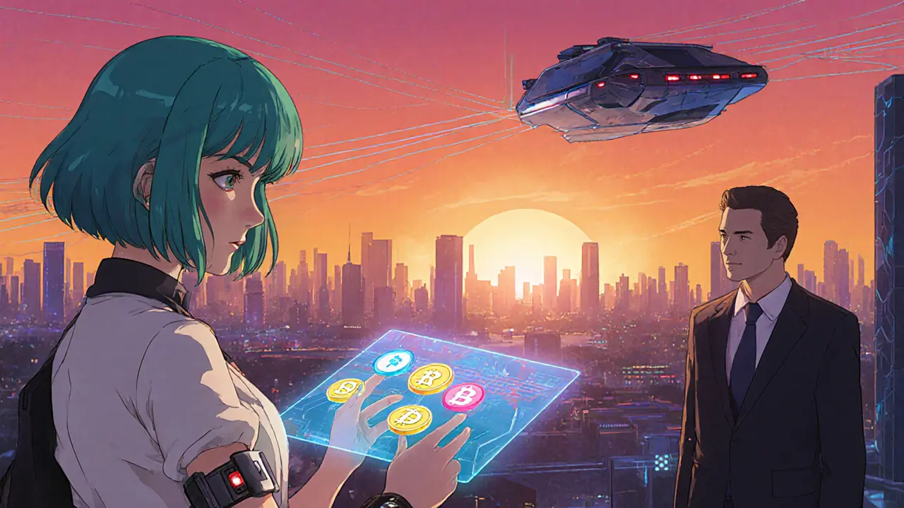 Anime figure swapping USDT for DAI on a holographic DeFi platform in a neon city.