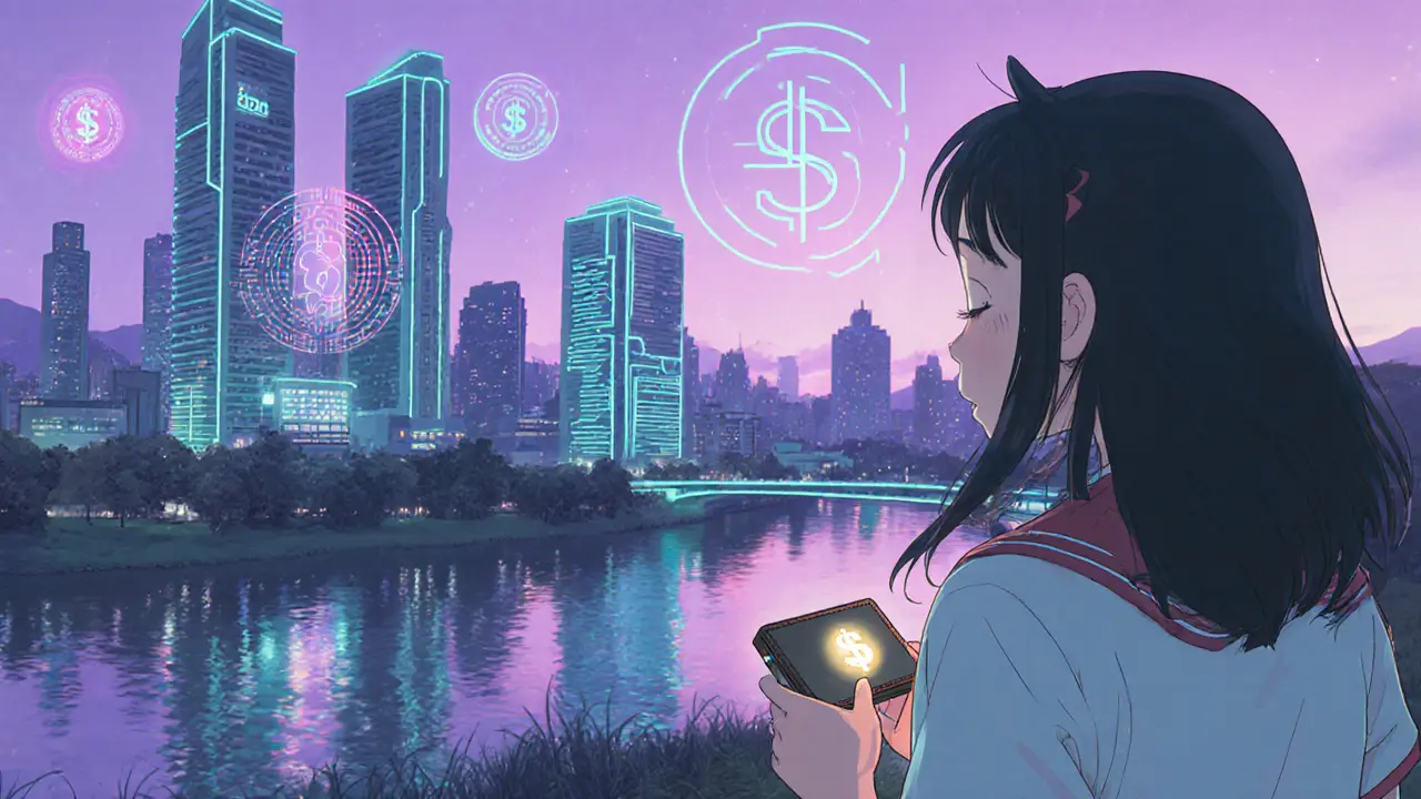 Anime heroine looks at a neon‑lit Quito skyline featuring a CBDC emblem and fintech seals, holding a glowing hardware wallet.