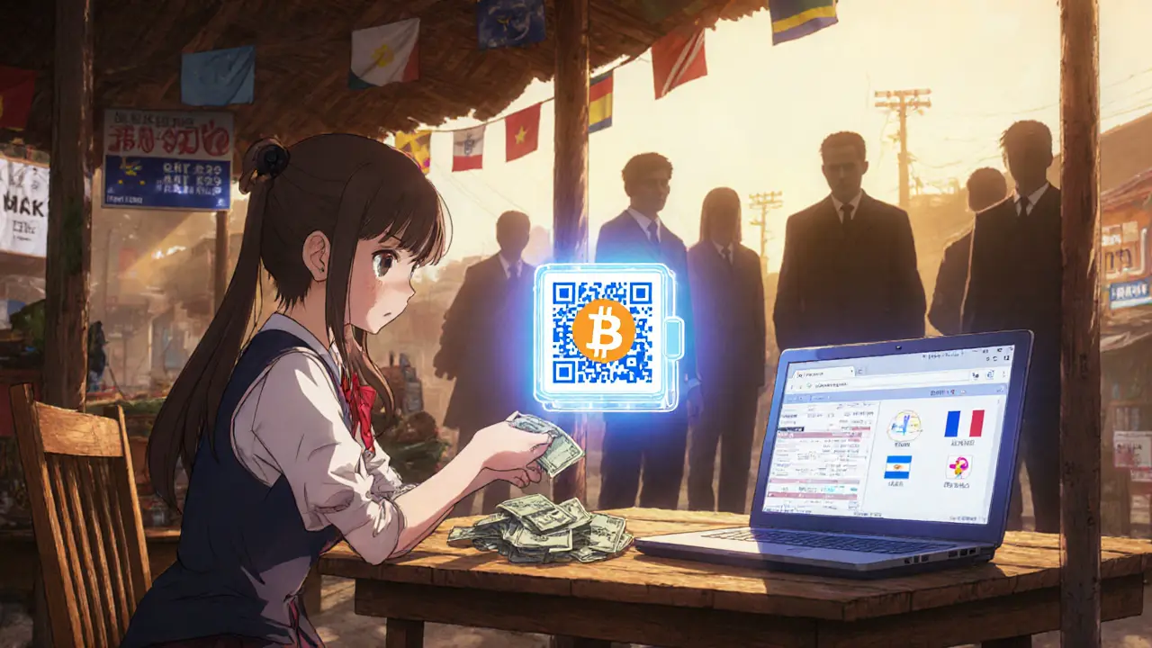 Anime scene of a woman swapping cash for crypto at a market stall, with a holographic wallet and shadowy regulator icons nearby.