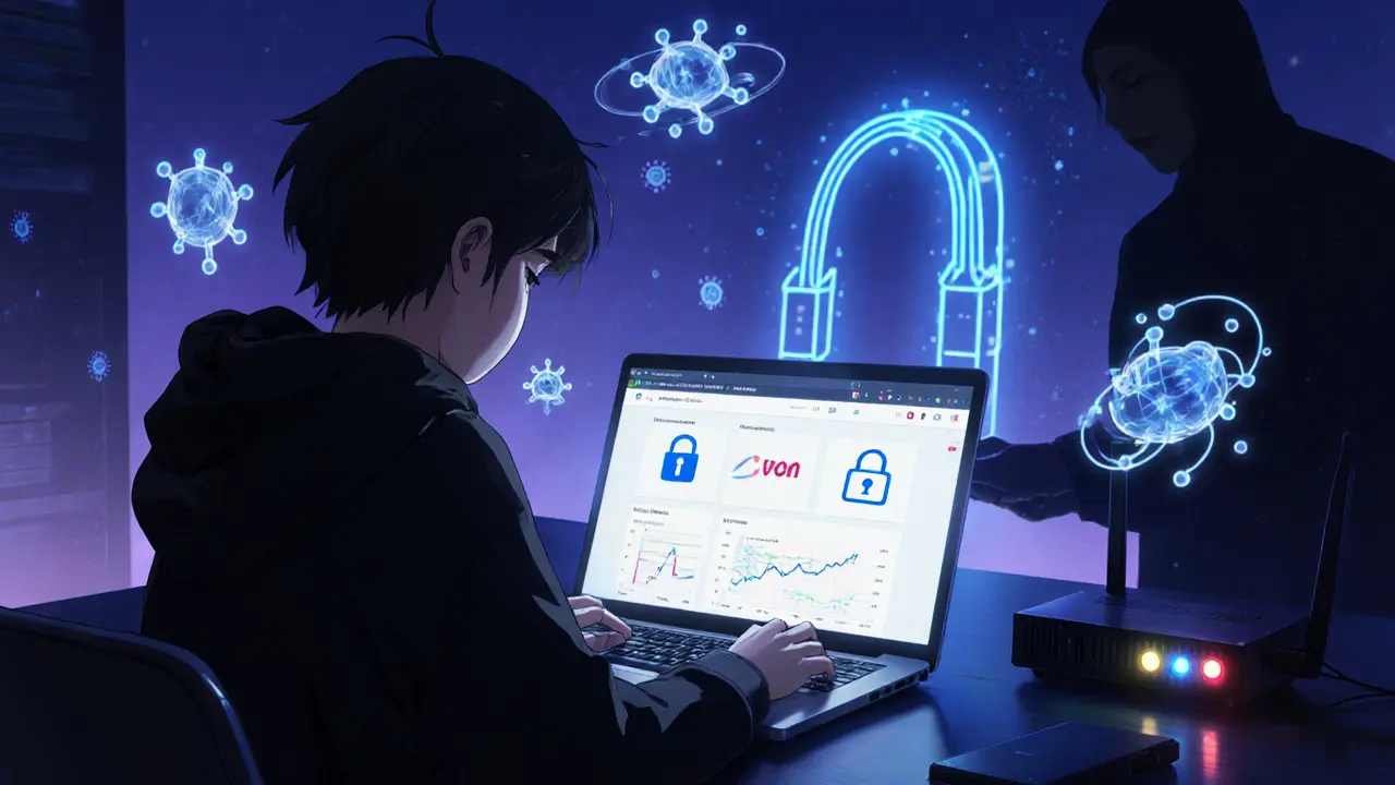 Anime teen accessing a hidden successor exchange via VPN with blockchain nodes and mixers.
