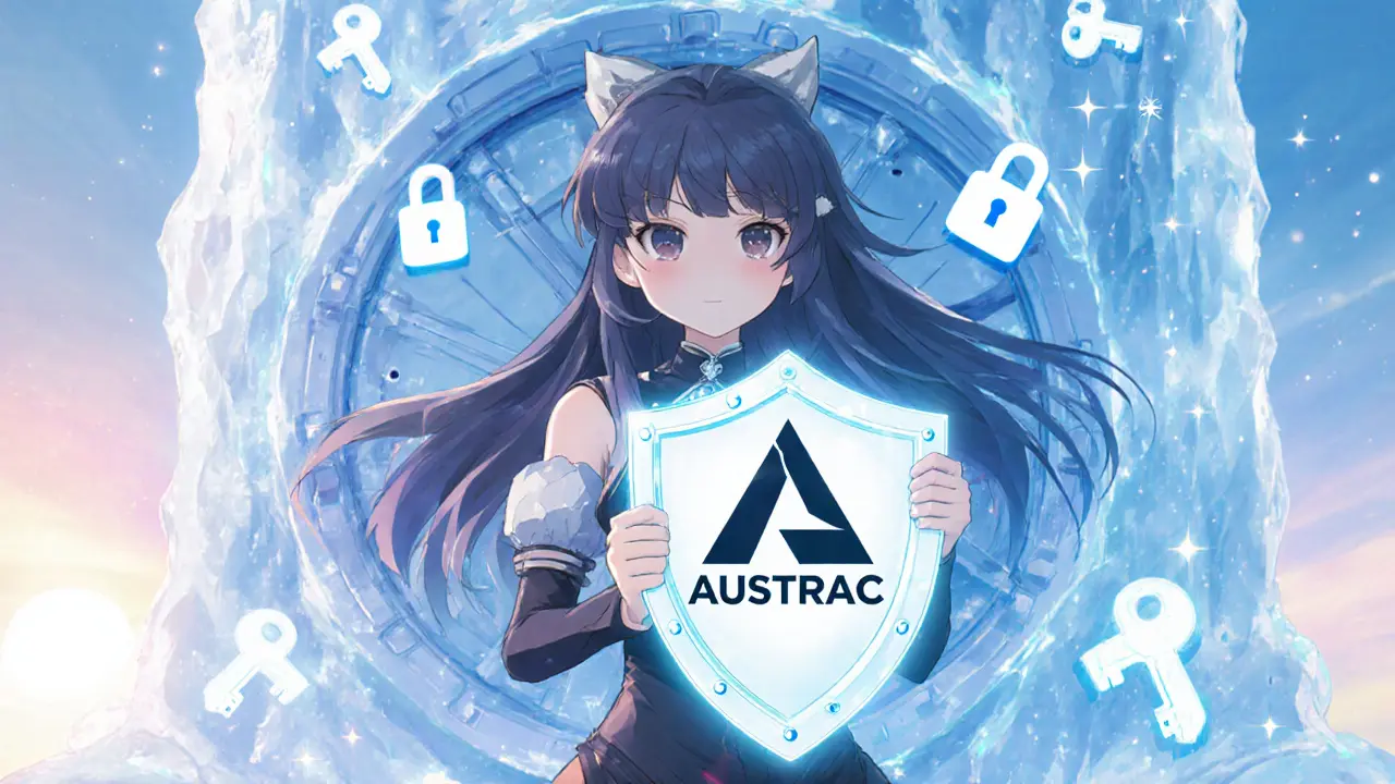 Heroine with shield and icy vault, representing Swyftx security and AUSTRAC compliance.