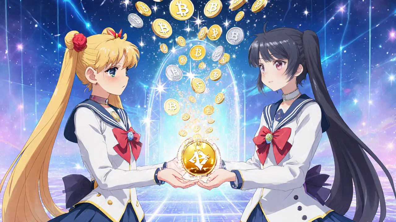 Magical portal showing Binance and Coinspot coins merging into Swyftx, illustrating portfolio transfer.