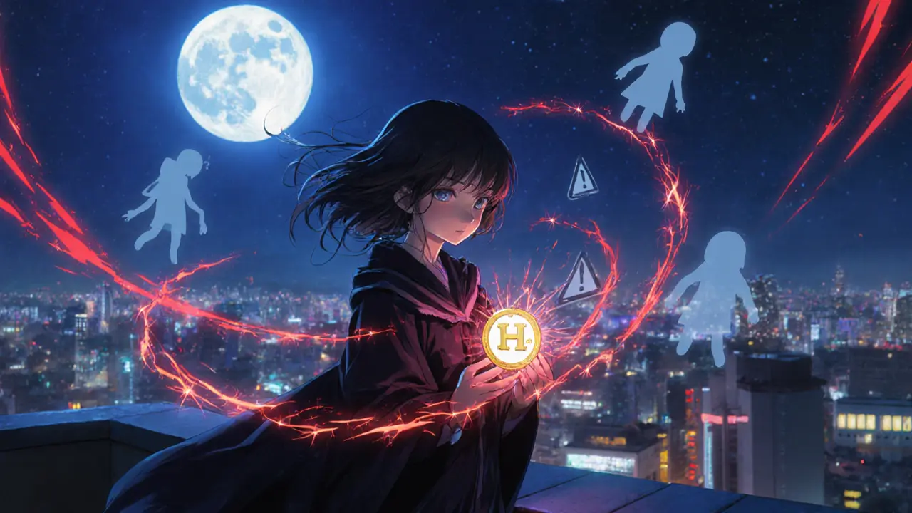 Anime girl on a rooftop clutching a fragile H2 token amid red swirling volatility symbols.