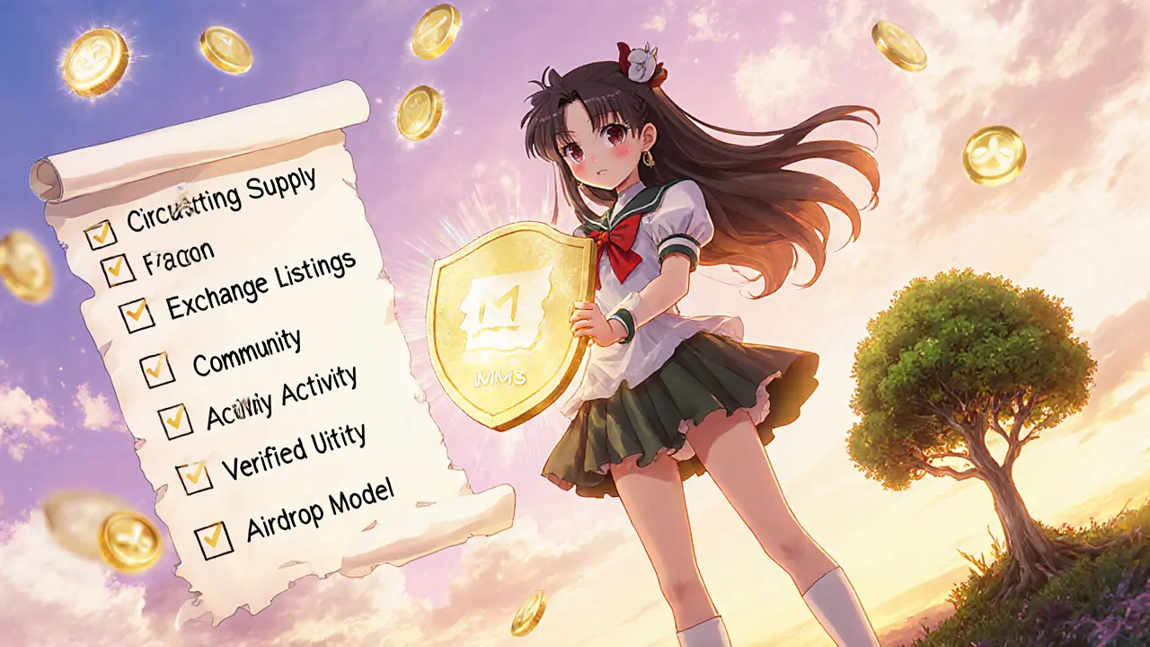 Anime heroine shields her wallet from phantom MMS tokens, with a checklist and sprouting tree.