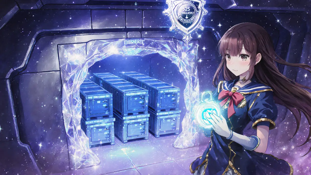 Anime scene showing sparkling vaults and a glowing security shield representing BTCNEXT&#039;s safety measures.