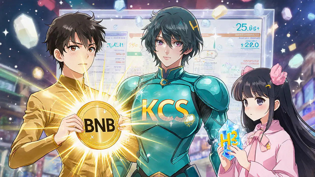 Anime token characters: confident BNB and KCS figures beside a small, shy H2 token.
