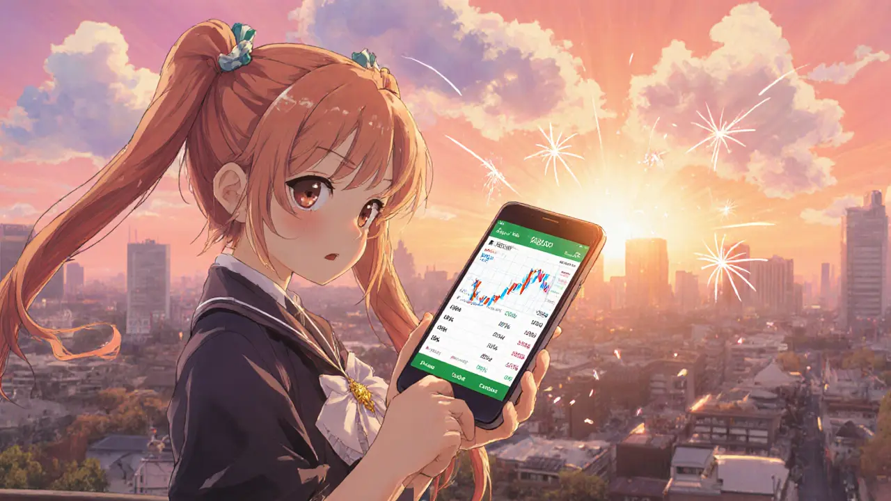 Anime trader using a smartphone to view BTCNEXT charts, fee table, and fast order execution at sunset.