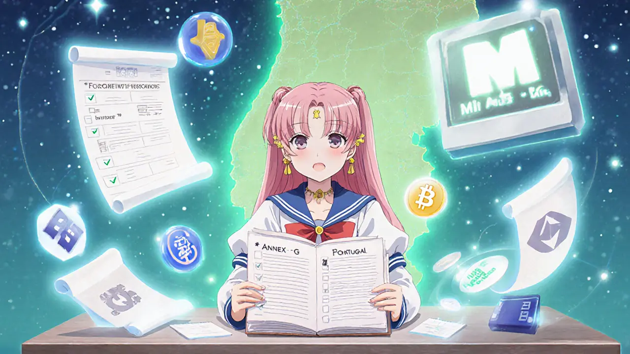 Girl at magical desk reviews crypto checklist with EU map highlighting Portugal.