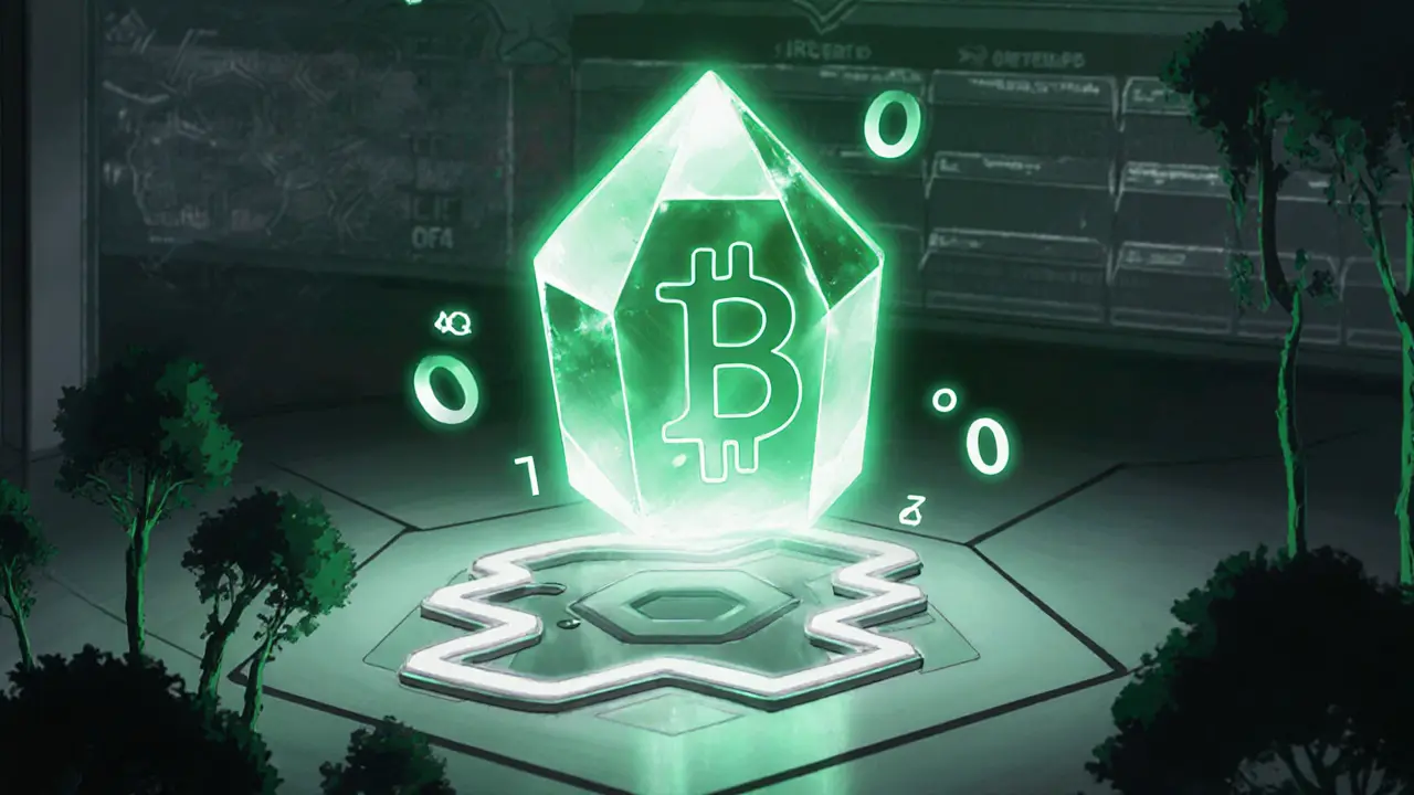 Glowing green crystal representing MMS token hovers above BNB logo with zero‑supply symbols.