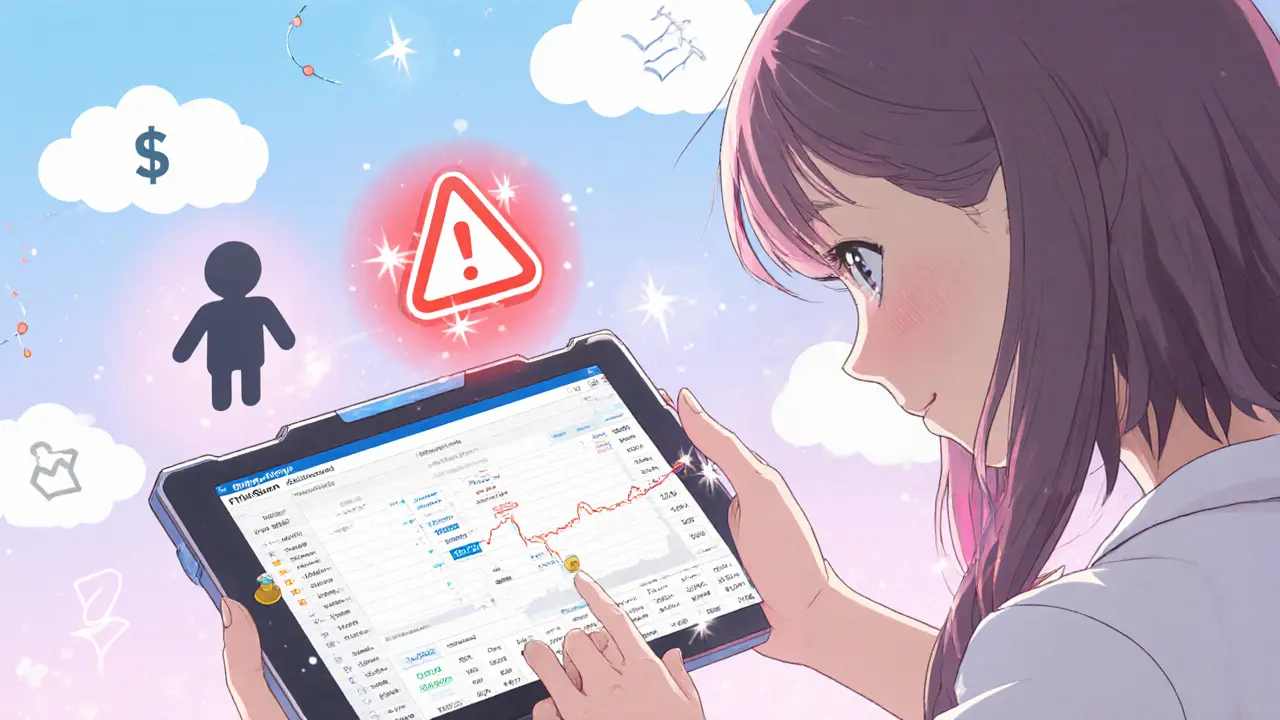 Heroine conducts a tiny trade on a tablet showing FTMScan, with nearby SpookySwap and Equalizer logos and a caution aura.