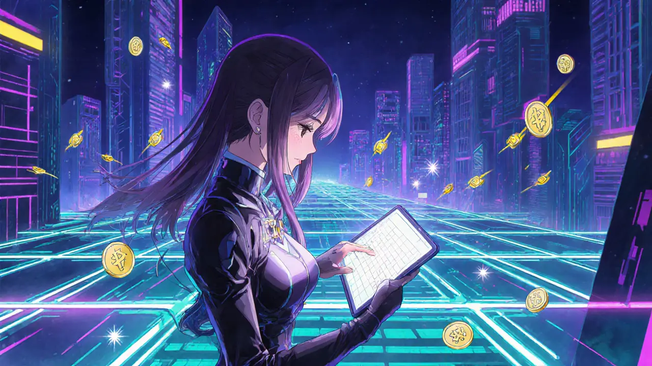 Heroine interacting with a neon blockchain network representing BSC.