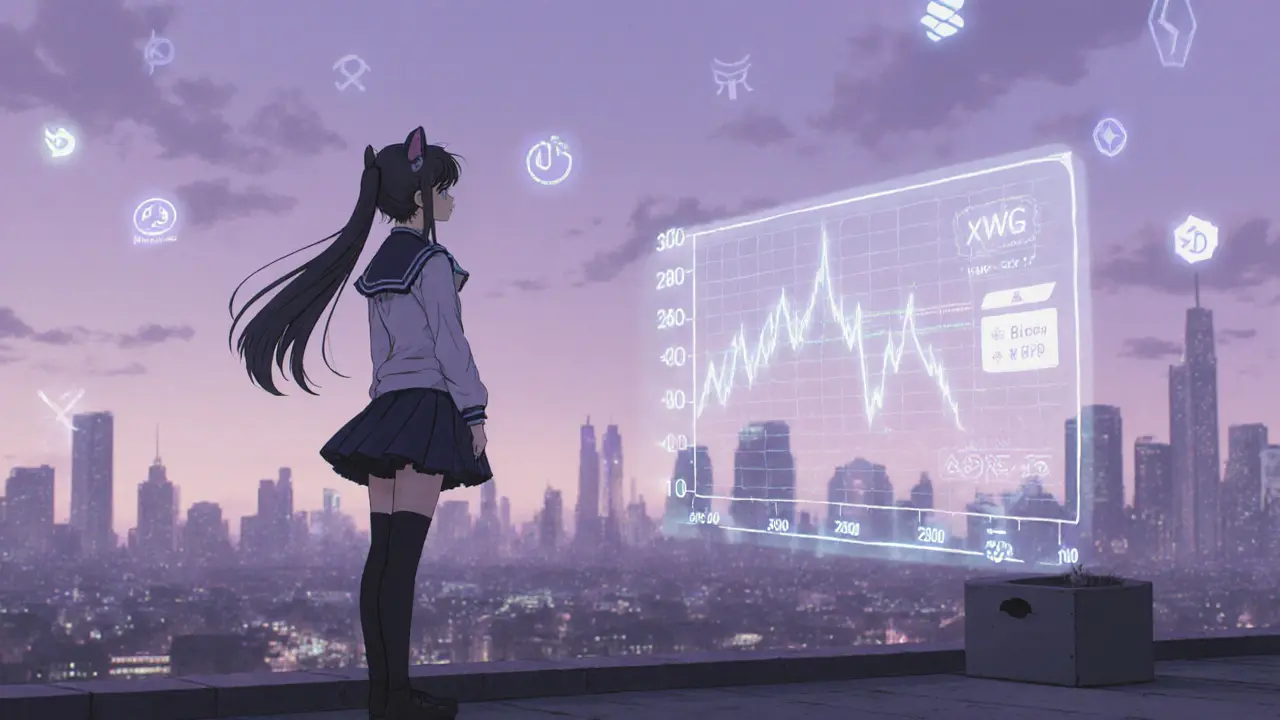 Heroine looking at a dim holographic market cap chart on a rooftop.