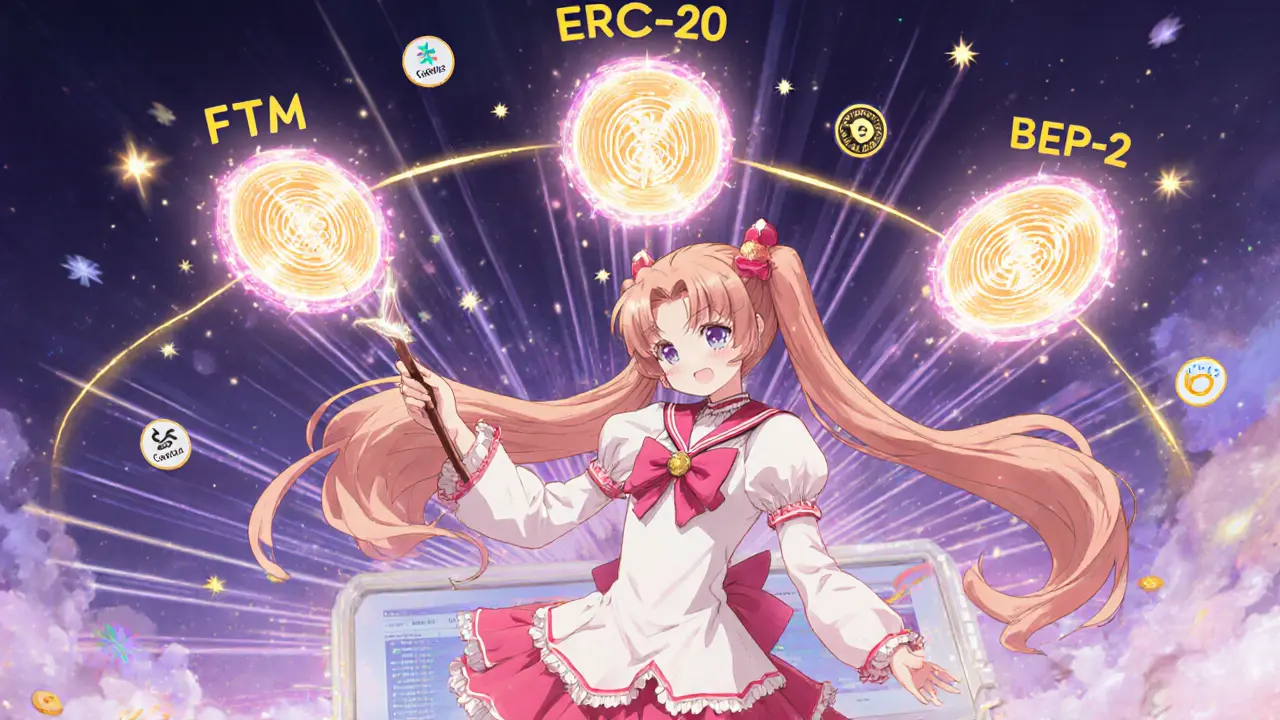 Heroine uses a magical wand to open three glowing portals for FTM, ERC‑20 and BEP‑2 tokens, with floating charts and audit seals.