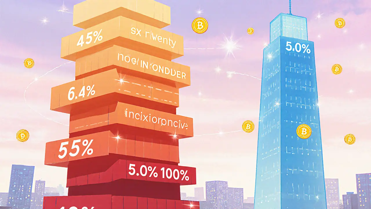 Layered towers representing national and inhabitant taxes with orbiting crypto coins.