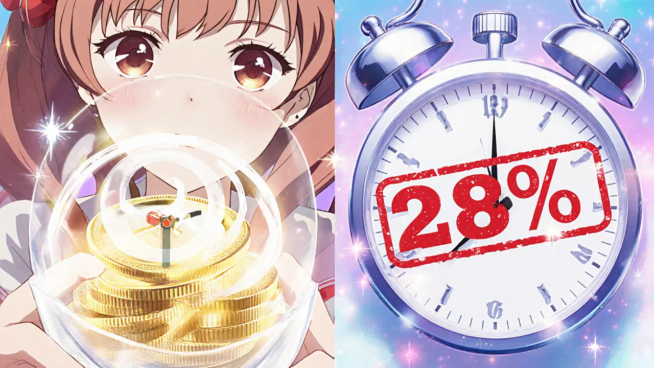 Split scene showing tax‑free long‑term gain versus 28% short‑term tax on crypto.