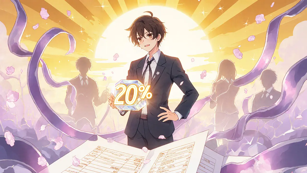 Young professional holding a crystal 20% icon under a sunrise, showing tax reform.