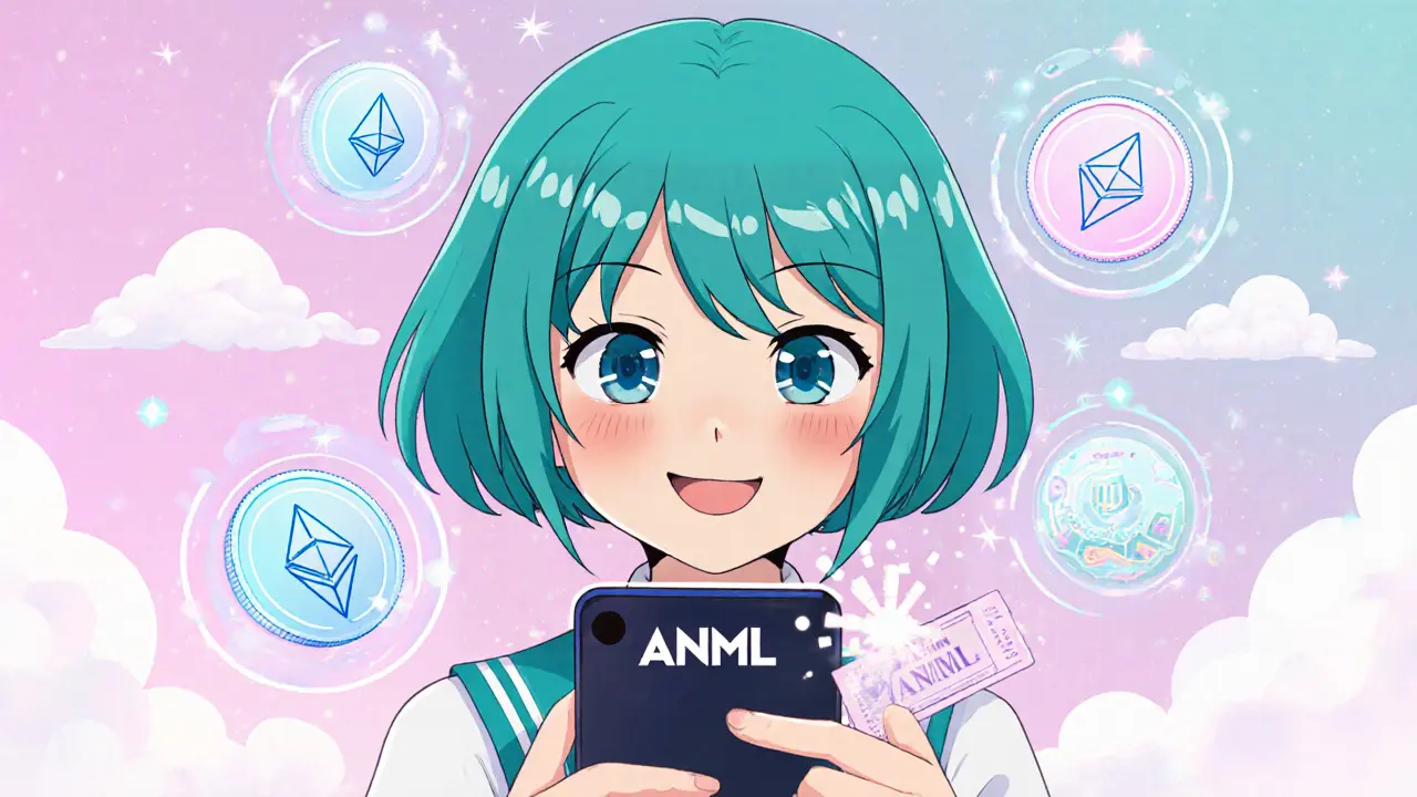 Anime girl uses a phone to buy ANML on Gate.io, with floating token and concert icons.