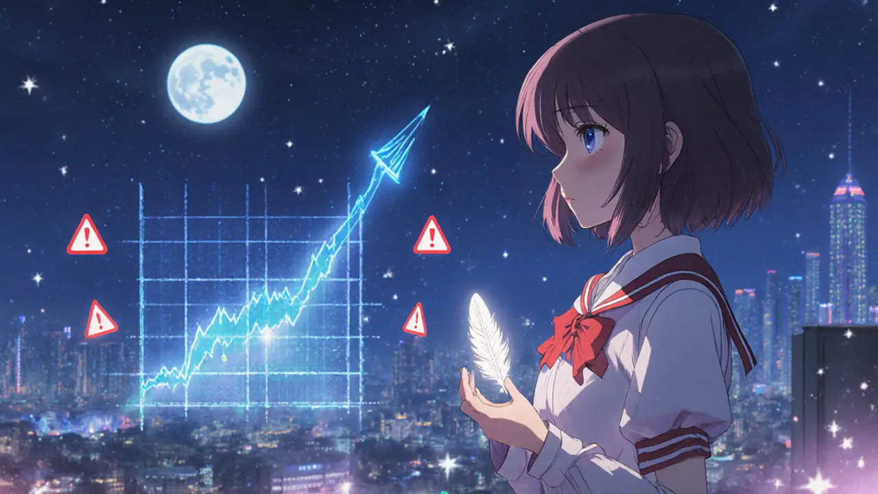 Anime heroine on a rooftop watches a falling ANML price graph against a futuristic city.