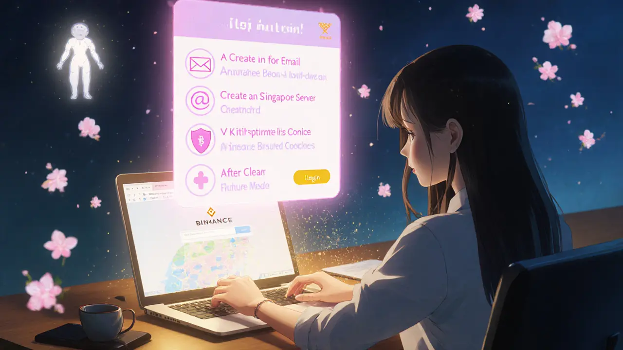 Anime tutorial shows a trader setting up a VPN, then successfully logging into Binance.