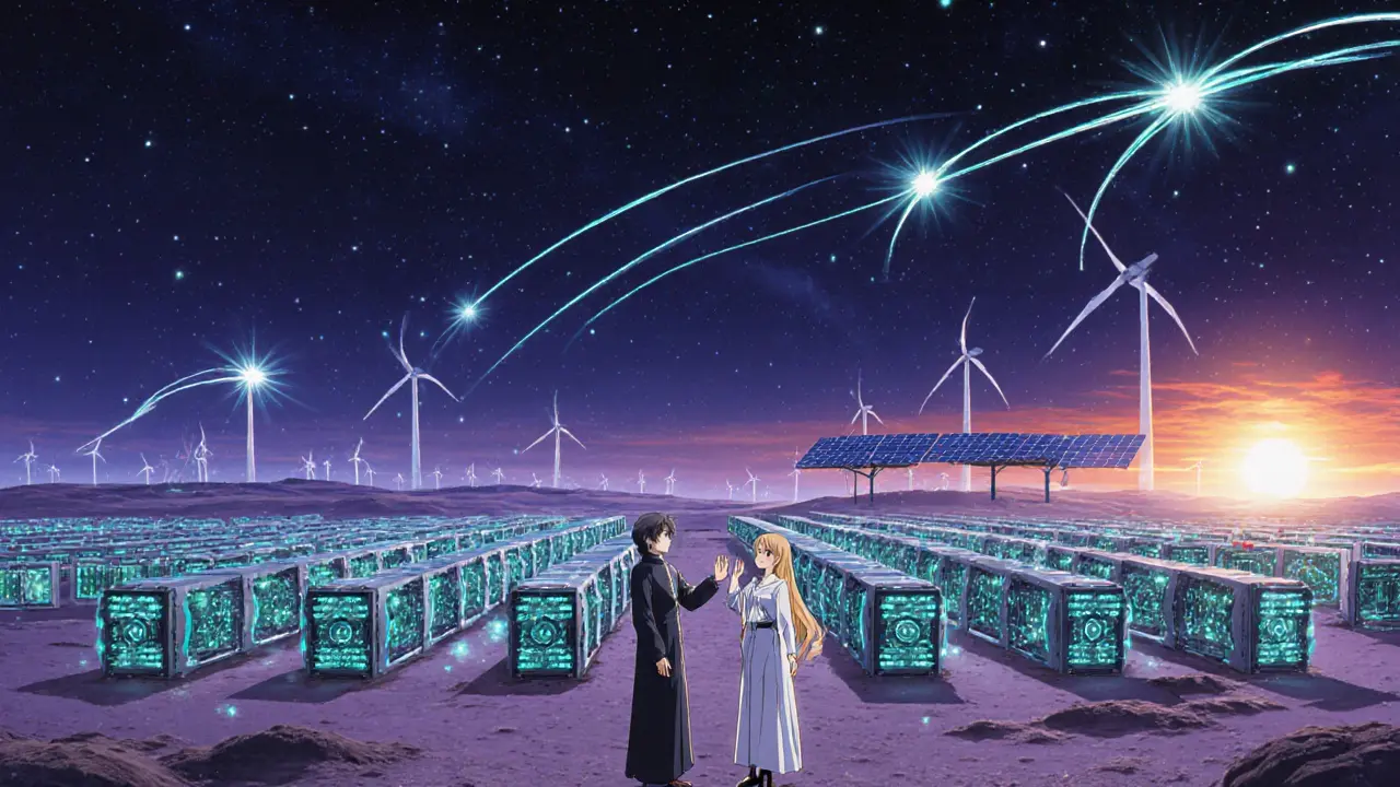 Desert mining farm with glowing ASIC rigs, solar panels, and two anime figures representing compliant crypto mining.