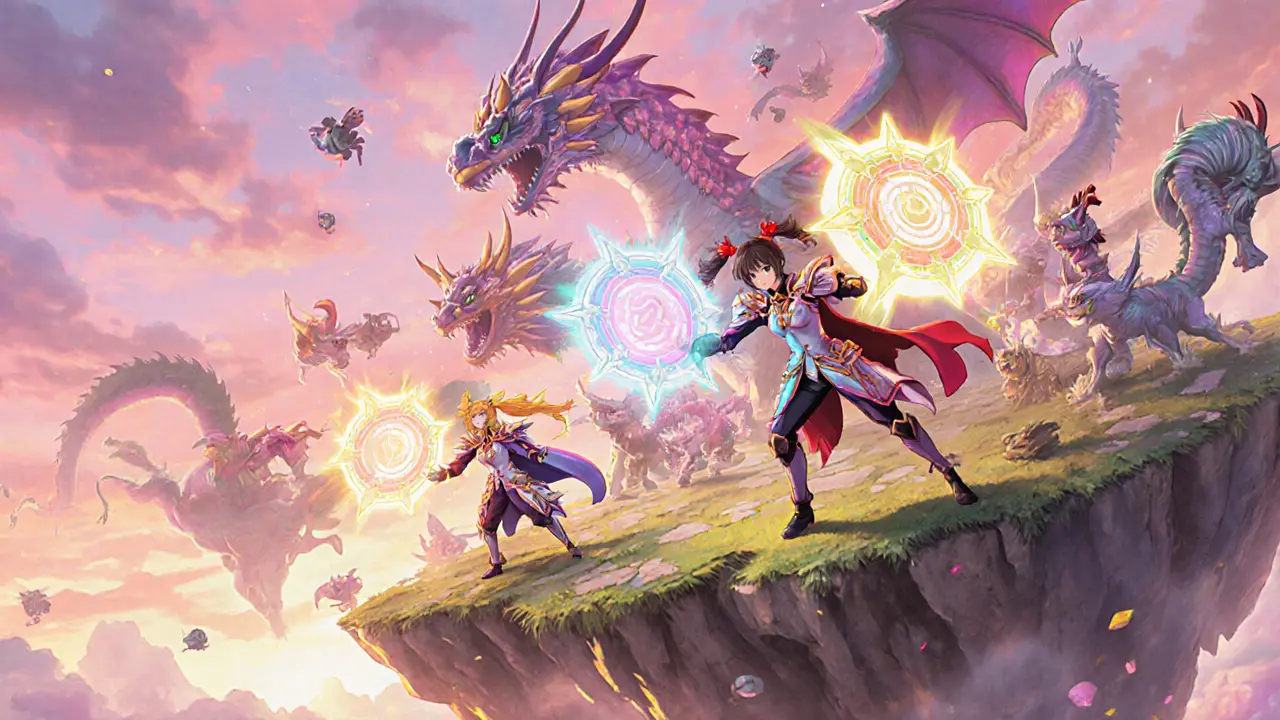 Fantasy battlefield with bright NFT heroes wielding RAID sigils on a floating island.