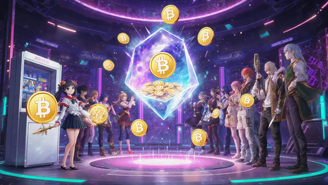 Futuristic gaming arena where characters use 3ULL tokens for purchases, staking, and NFTs.