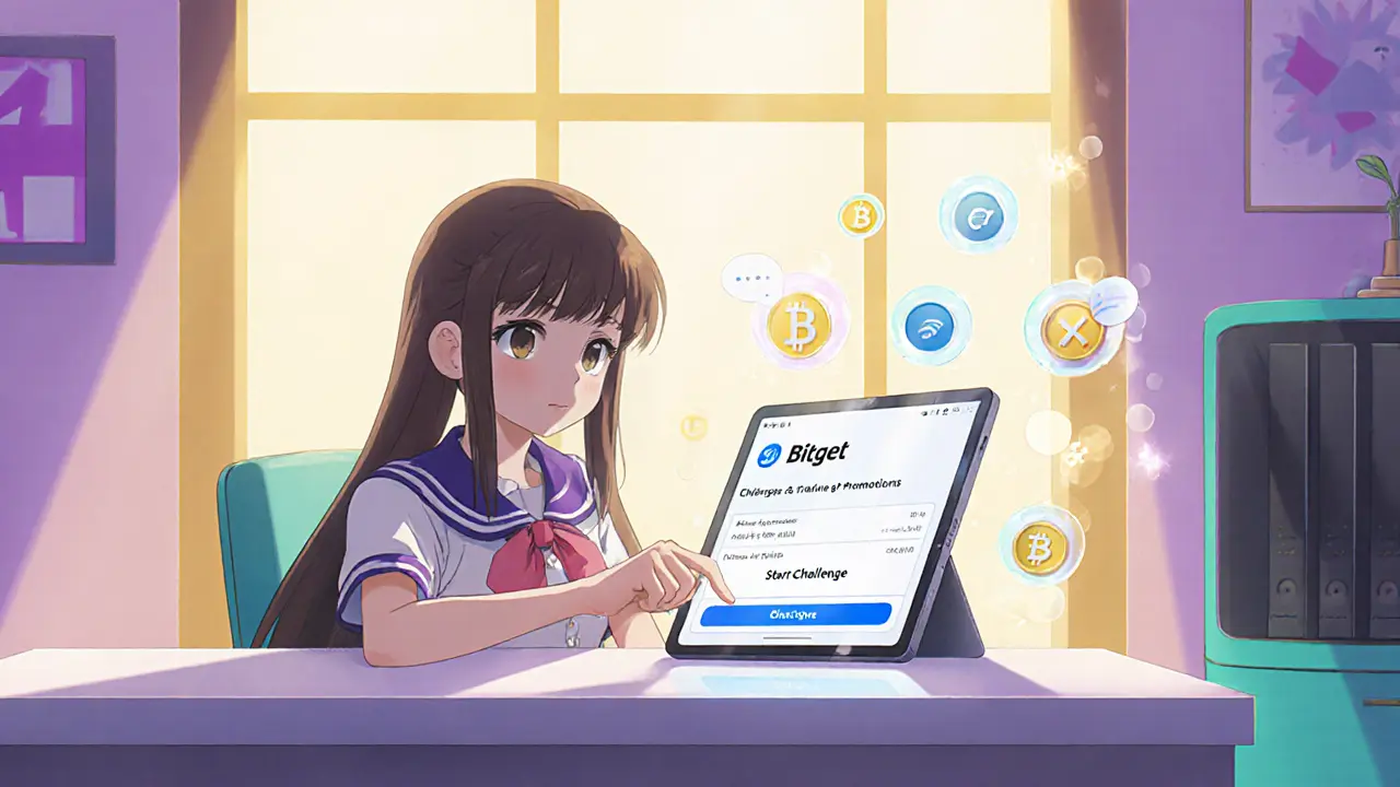 Heroine using a tablet to start a Bitget challenge with floating task icons.